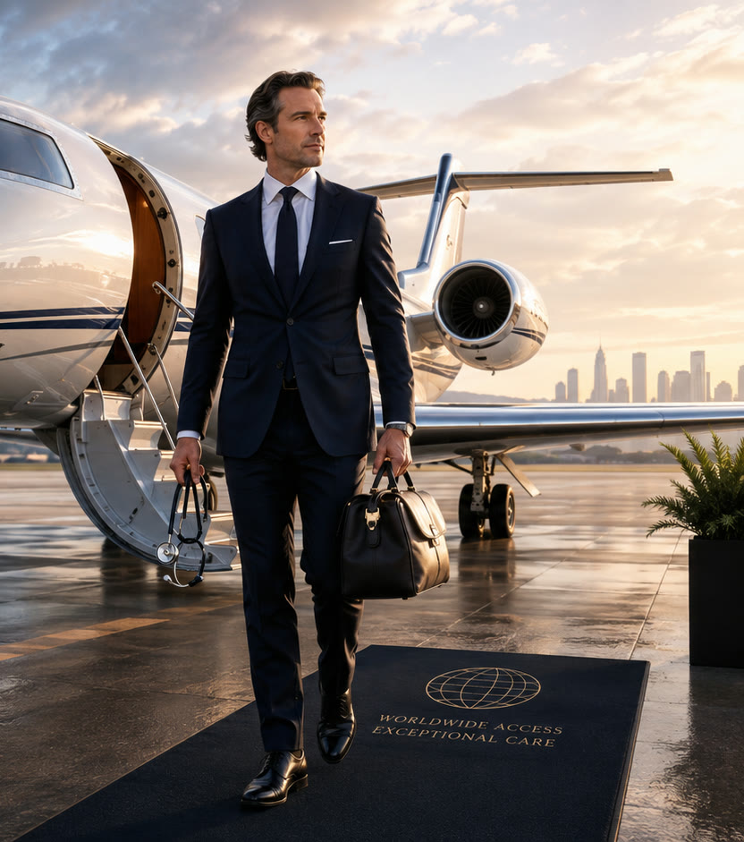 A physician walking from a private jet onto a mat reading Worldwide Access, Exceptional Care.